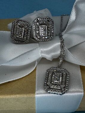 Art Deco–inspired pave Diamond necklace and earring set in Sterling Silver